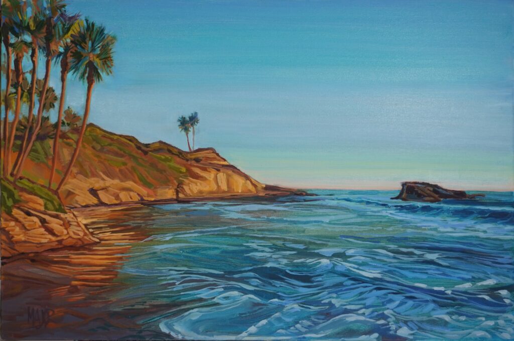 Beach painting with a mountain and trees