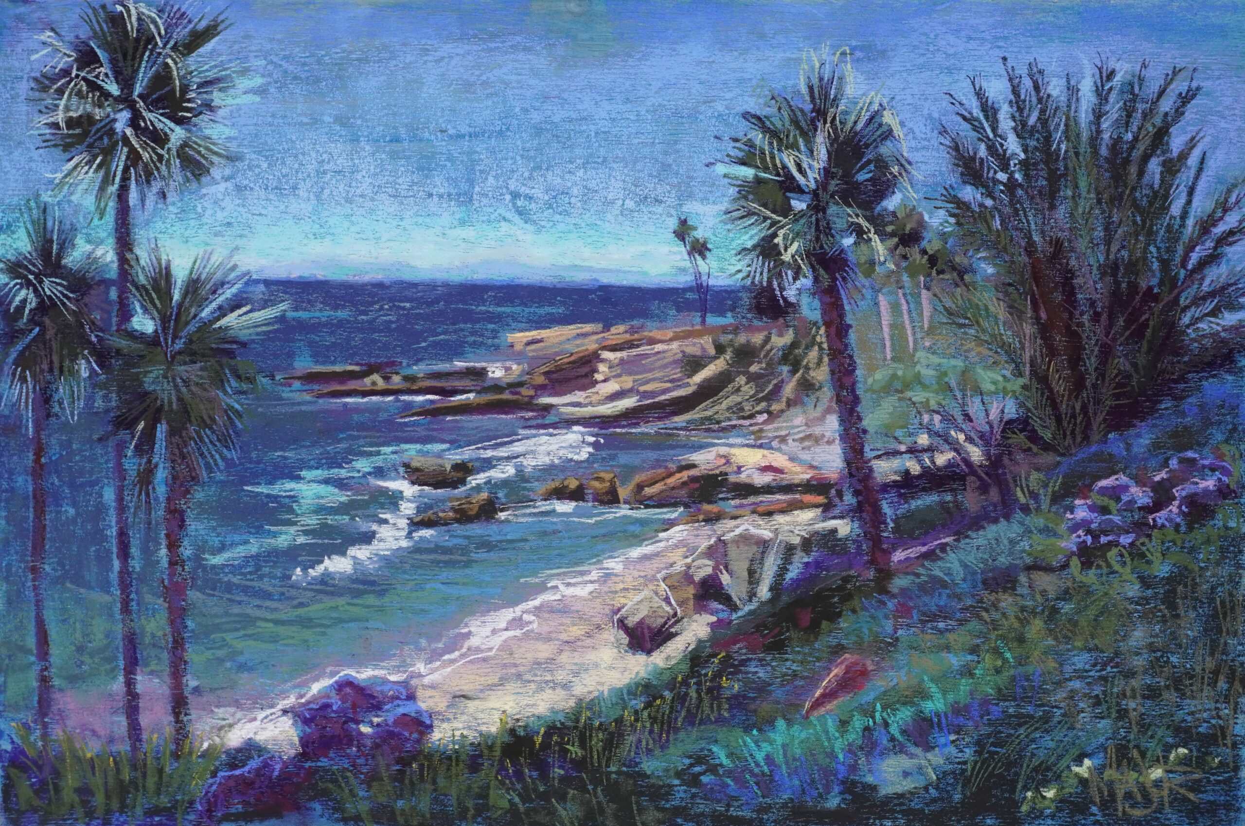 Coastal landscape with palm trees overlooking the ocean, featuring rocky shores and gentle waves, showcasing a serene and vibrant seascape.