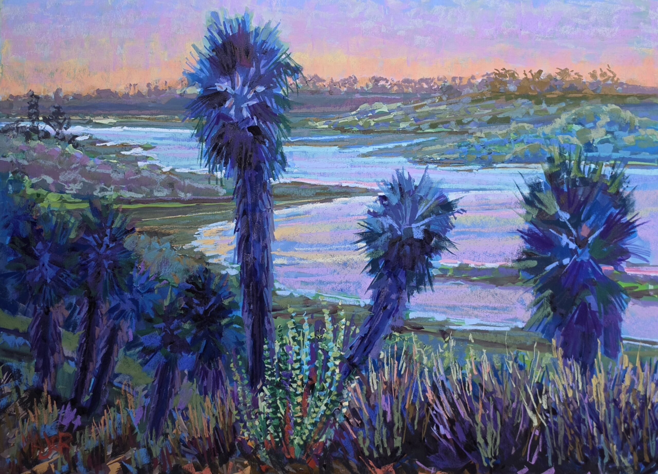 Vibrant landscape featuring palm trees in shades of blue and green, overlooking a winding river at sunset, highlighting nature's serene beauty.