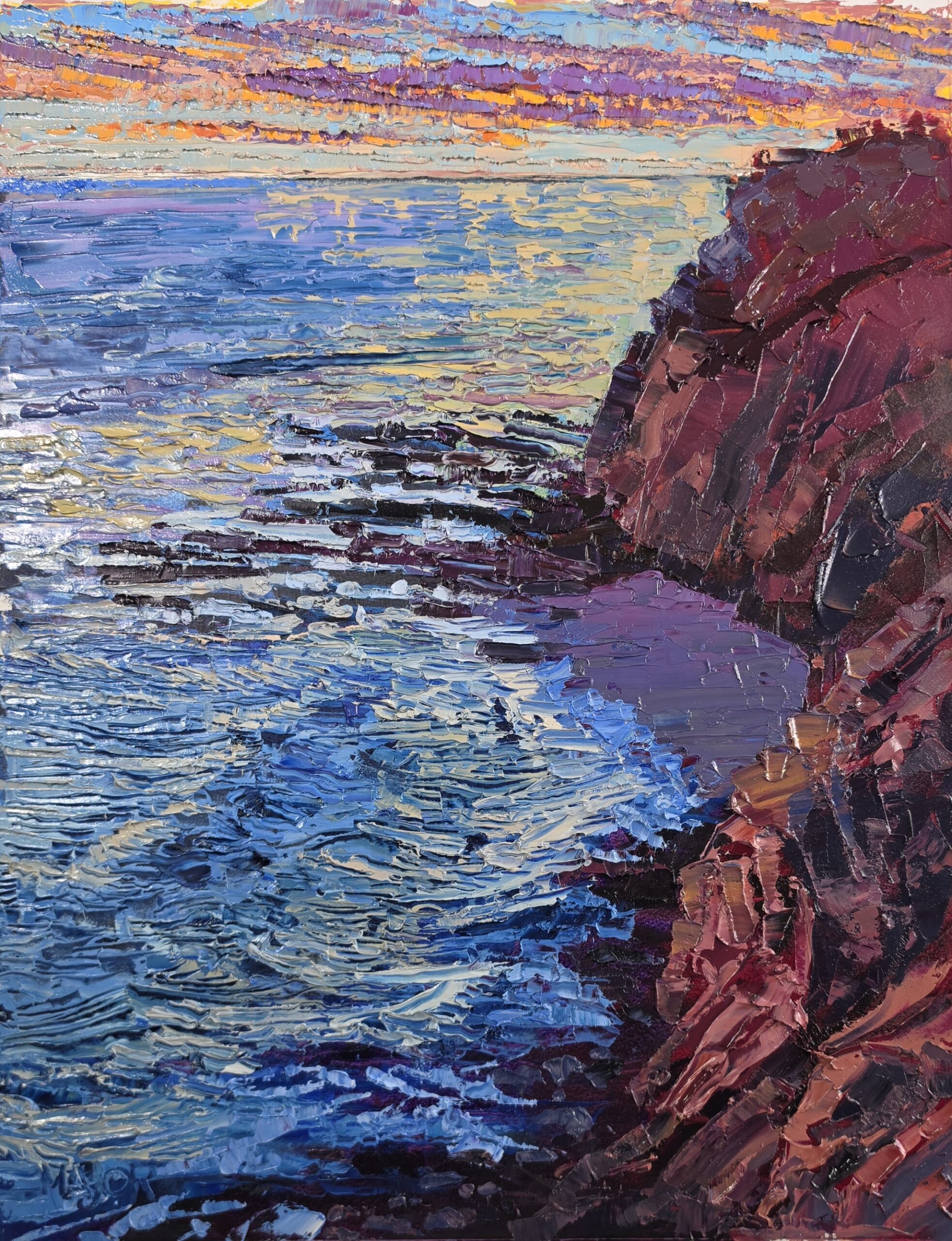 Vibrant seascape featuring rich textures of rocky cliffs and rippling blue waters under a colorful sunset sky, illustrating nature's beauty.