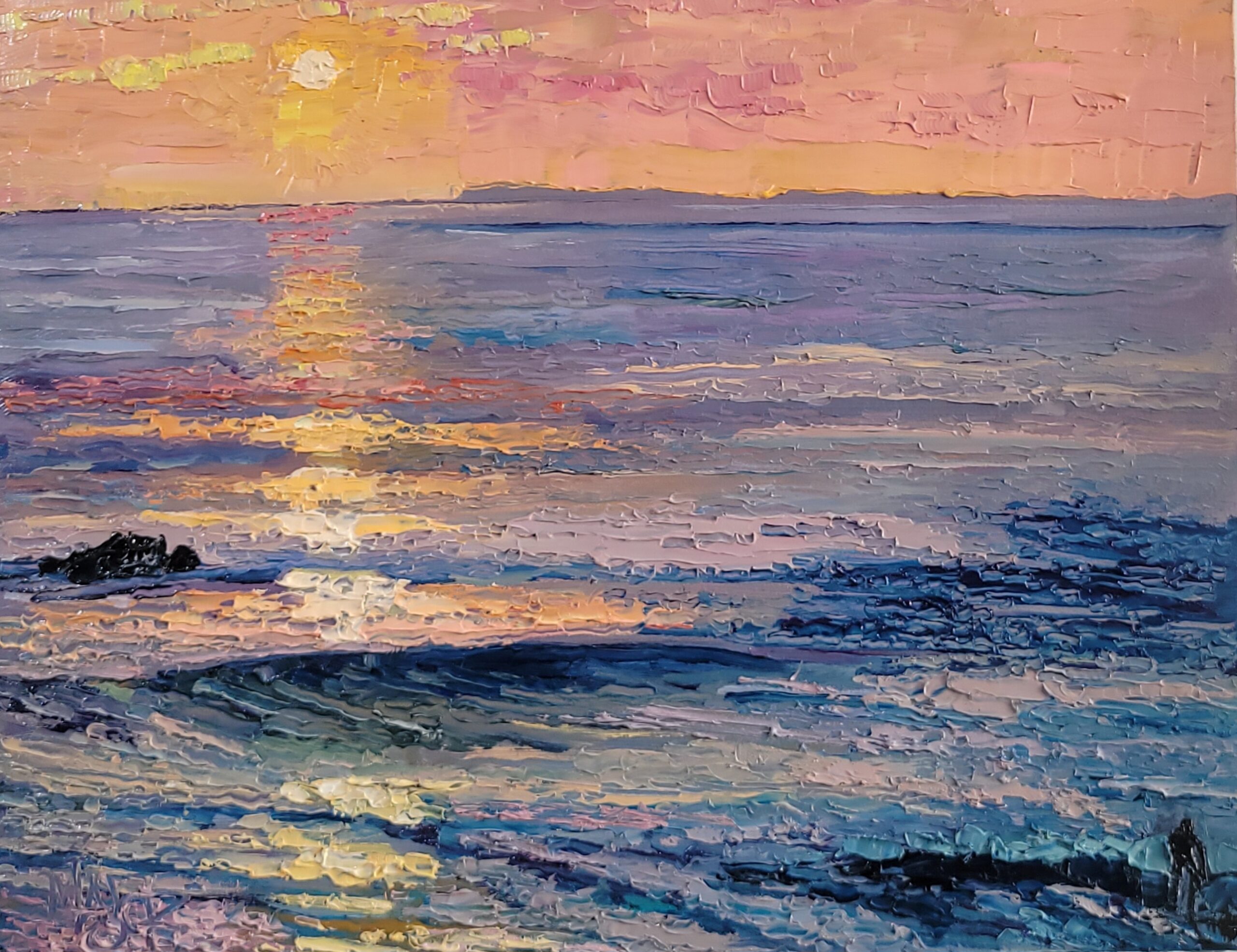 Vibrant seascape featuring a sunset reflecting on tranquil waves. A solitary figure stands near rocky shore, evoking serenity and contemplation.